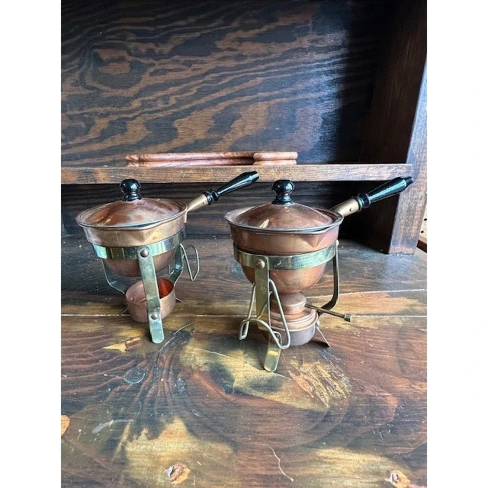 Vintage Copper‎ and Brass Butter Warmer Set with Stands and Lids - Set of 2